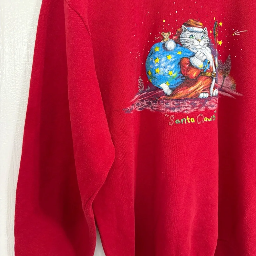 Vintage Morning Sun Santa Claws Cat Graphic Print Sweater Red Size Medium - Picture 5 of 9